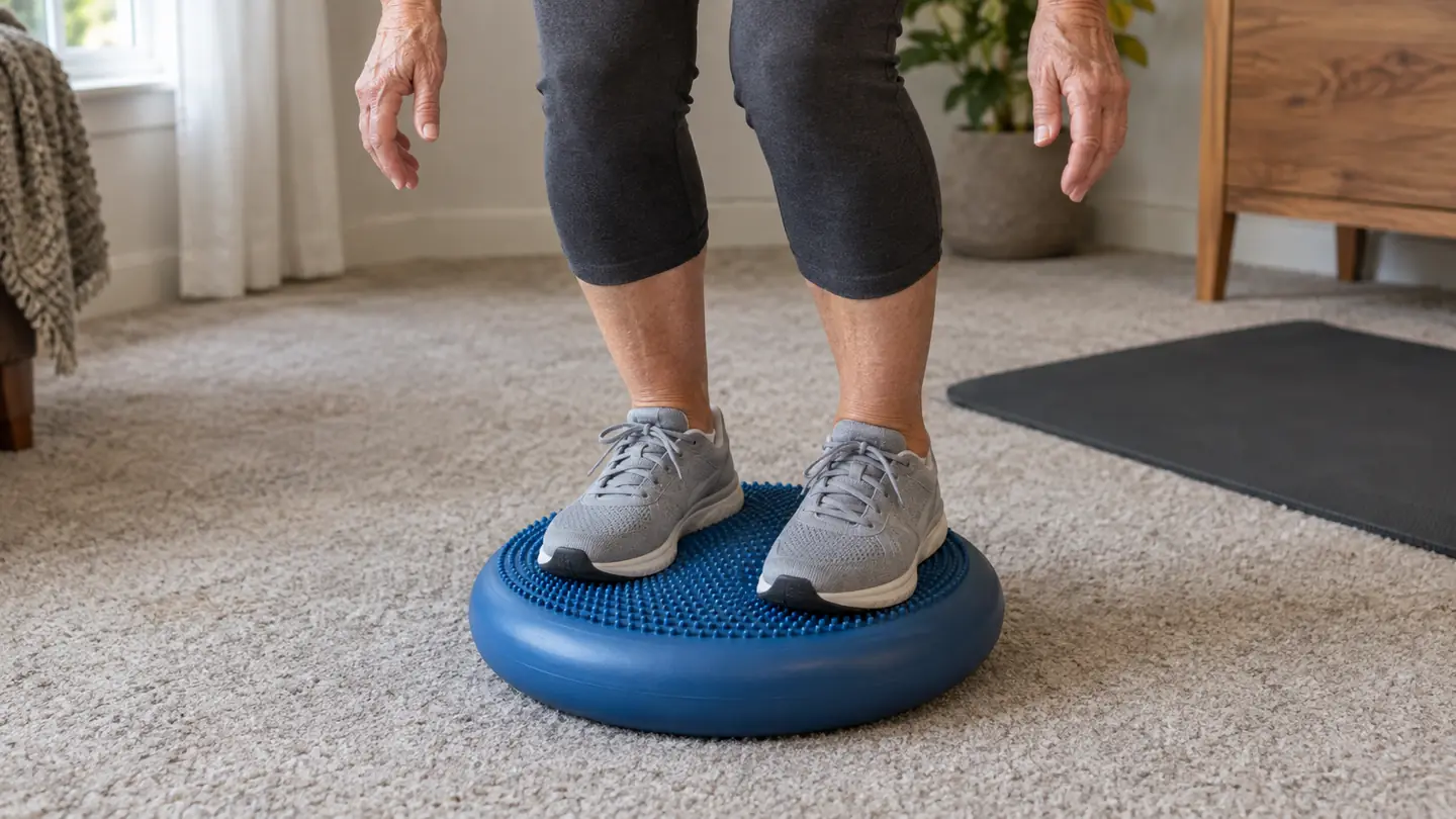 A close view of a person's feet on a cushioned balance pad on a carpeted floor
