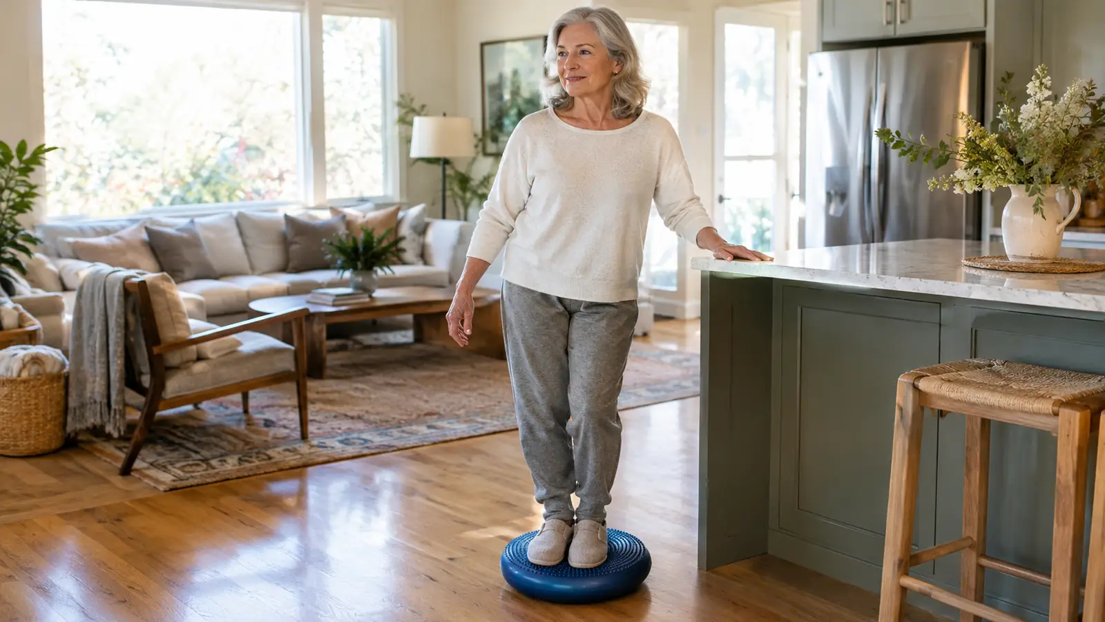 An older woman standing on a balance pad in a bright living room, holding a kitchen counter for balance