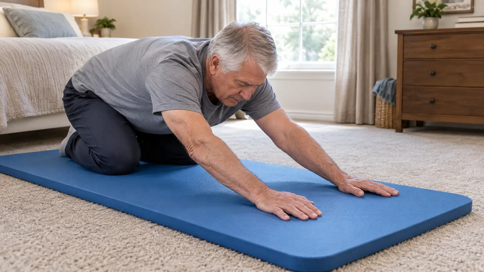 An older man using a thick exercise mat for a floor stretch in a home gym