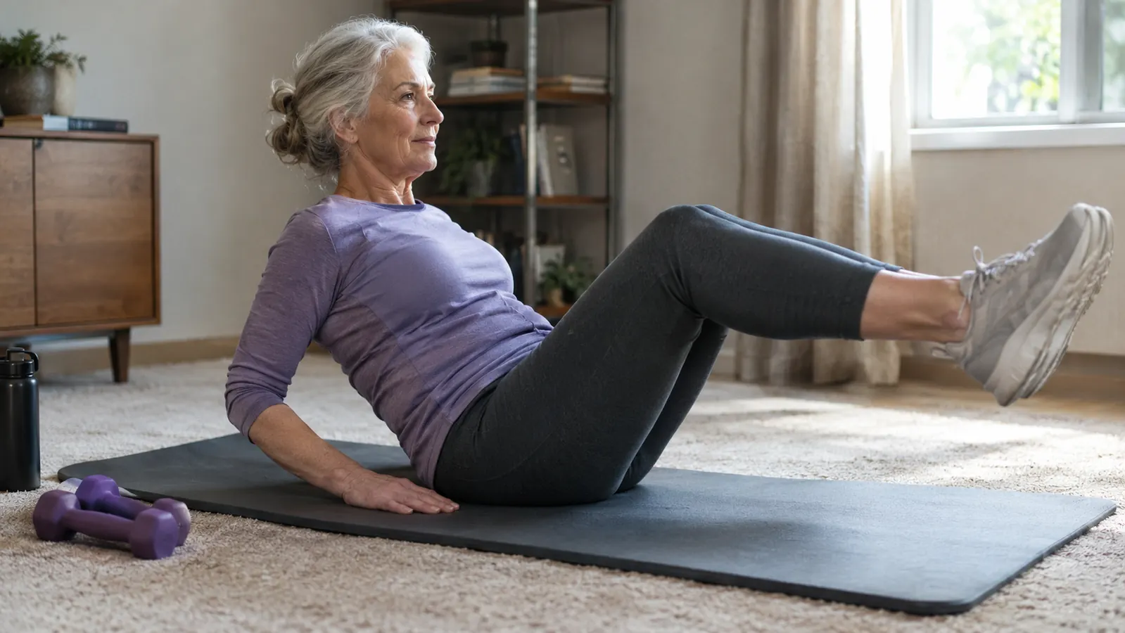 A senior woman doing seated leg raises on a thick exercise mat