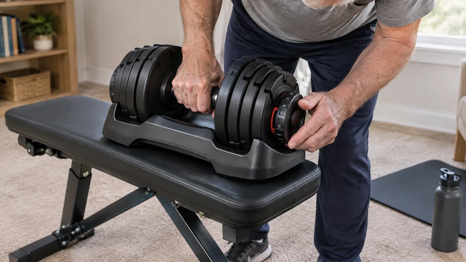 Hands adjusting an adjustable dumbbell resting on a folding bench in a home gym