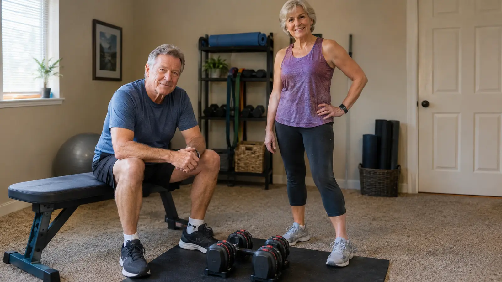 An older man seated on a bench and a senior woman standing beside him in a small spare room home gym, a pair of adjustable dumbbells on a mat between them