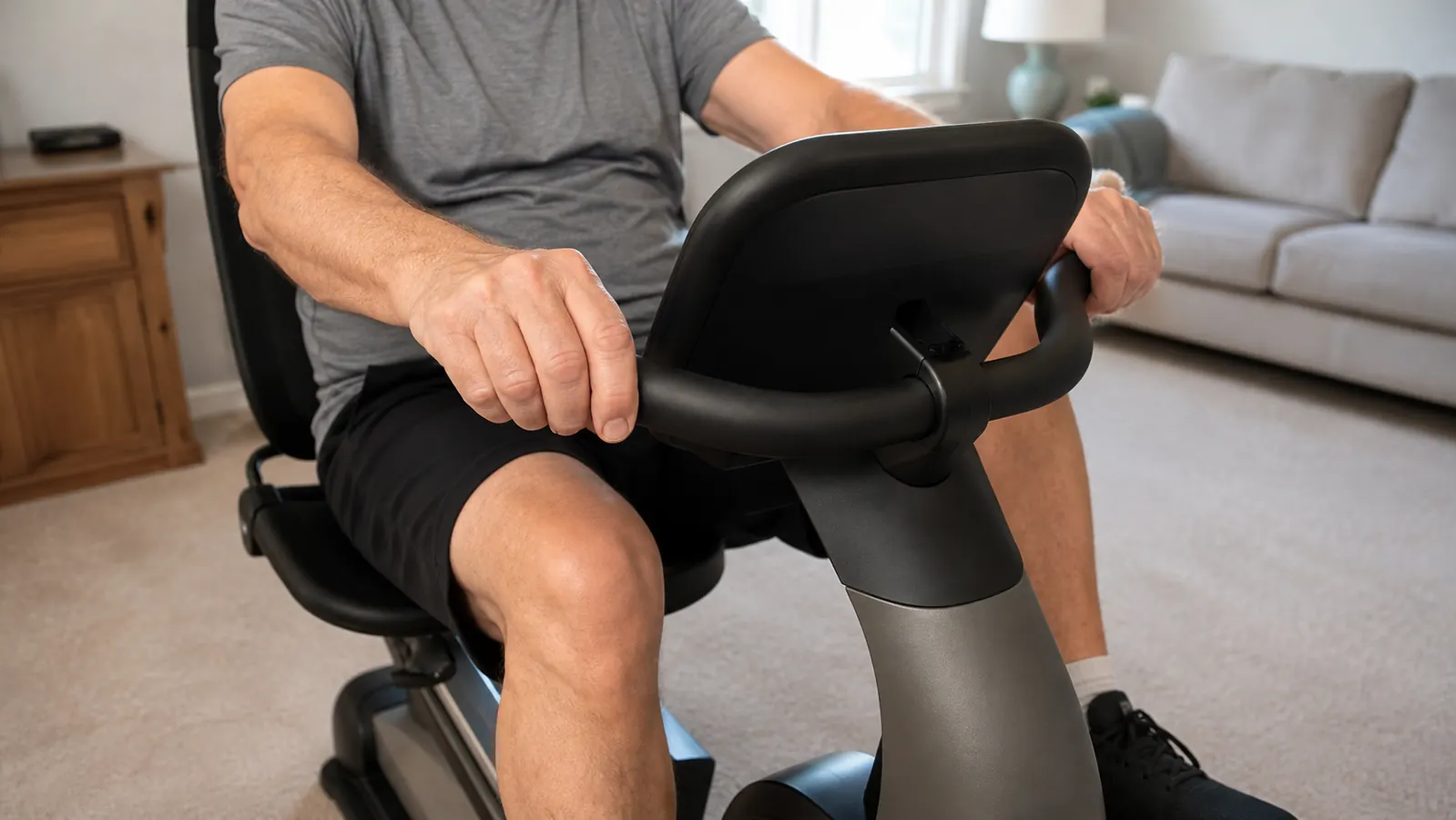 An older man's hands resting on the handlebars of a recumbent exercise bike