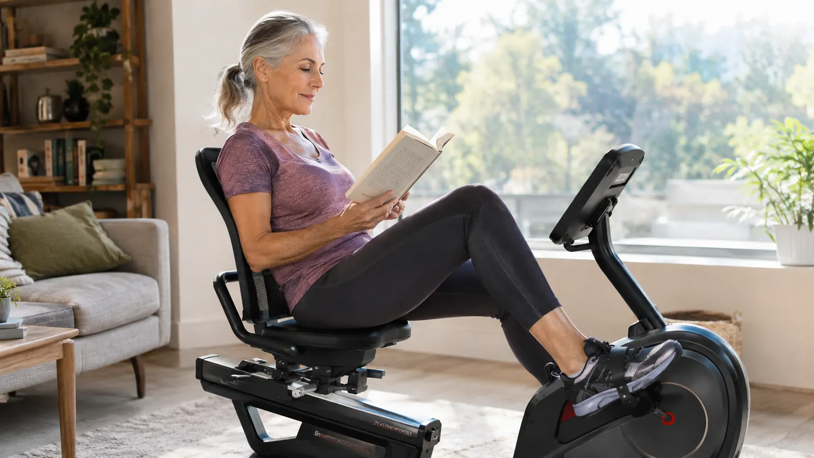 A senior woman reading a paperback while pedaling a recumbent exercise bike