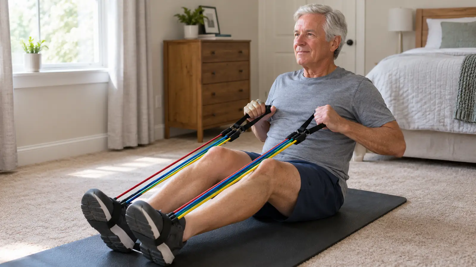 An older man seated on a mat with a resistance band looped under his feet, pulling the handles toward his chest