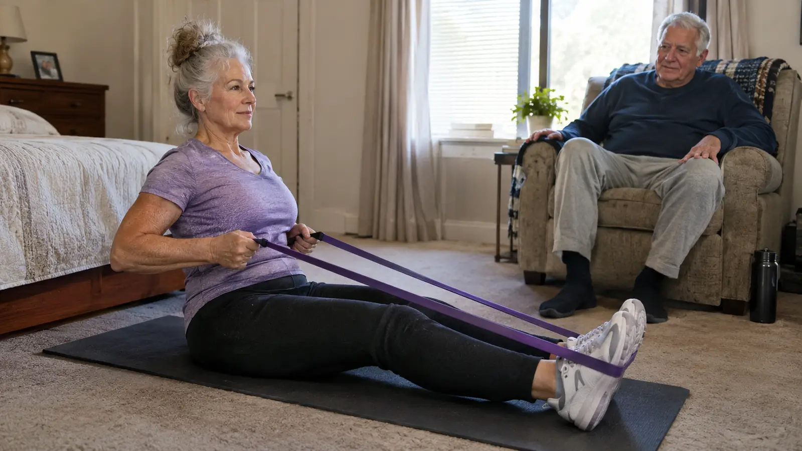 A senior woman doing a seated row with a resistance band while an older man sits in an armchair nearby