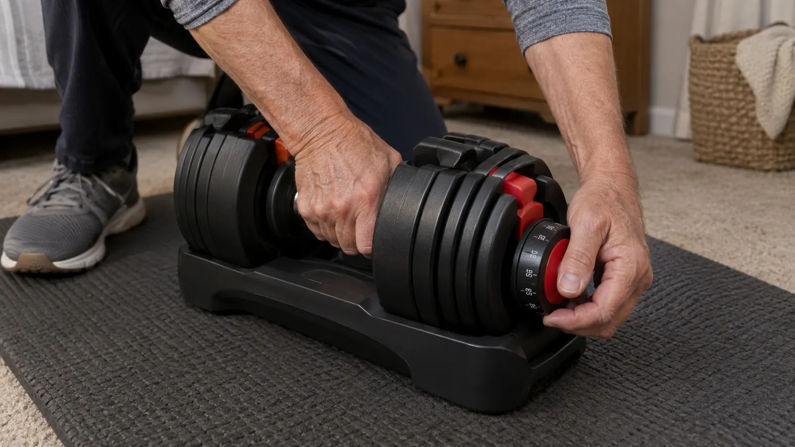 An older man's hands adjusting the weight setting on an adjustable dumbbell resting on a rubber mat