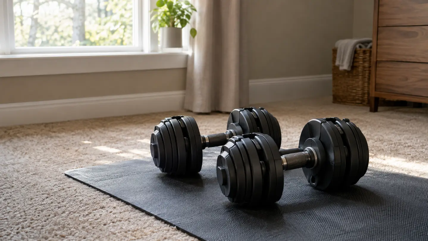 A pair of adjustable dumbbells resting on a rubber mat in a carpeted spare bedroom