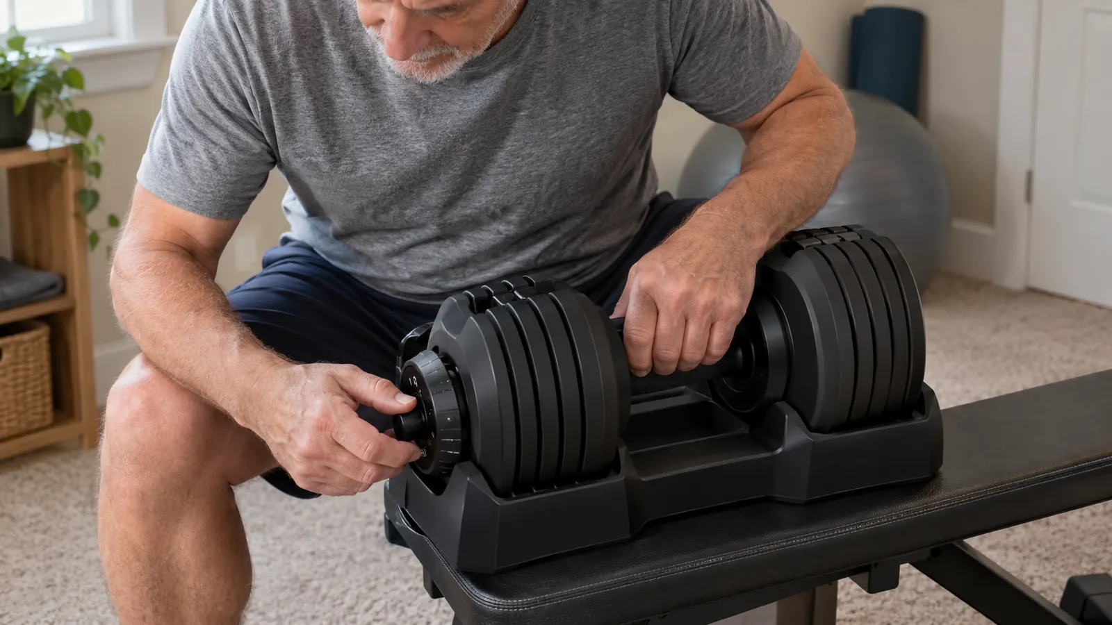 An older man's hands adjusting the weight selector on an adjustable dumbbell resting on his thigh, seated on a folding bench