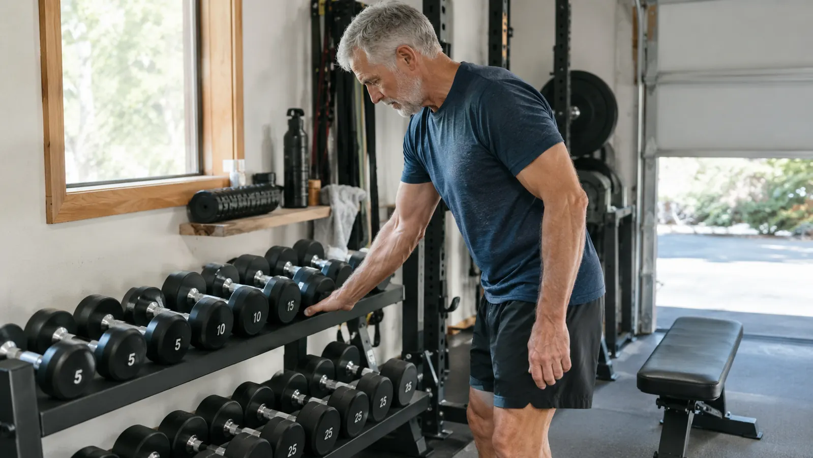 A row of fixed dumbbells on a metal rack in a garage gym, an older man reaching for a pair