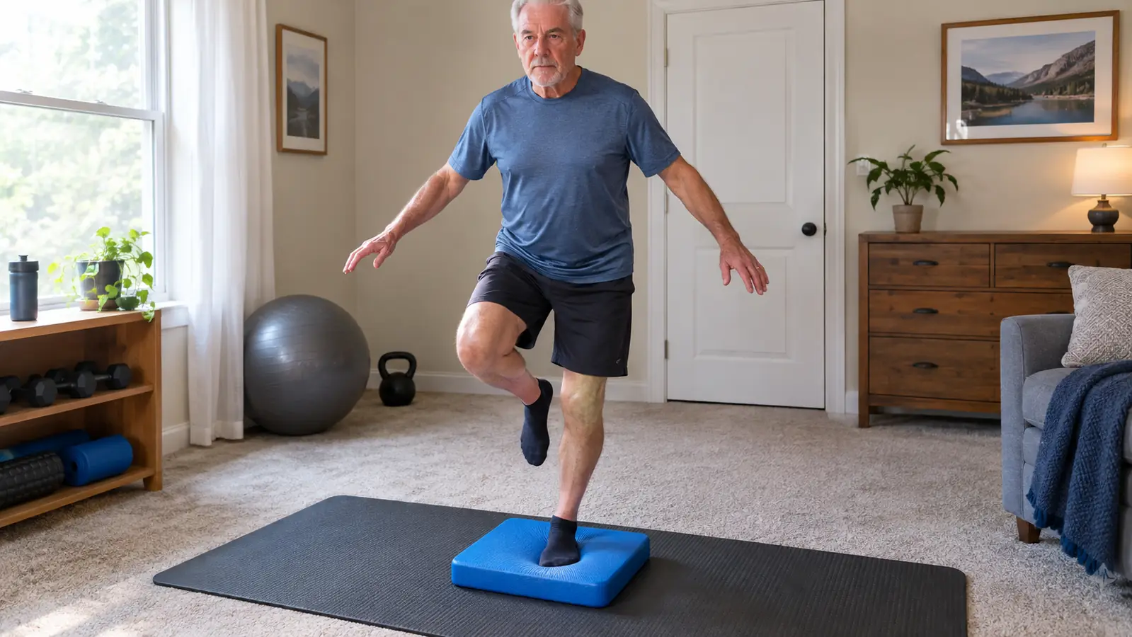 Close view of a foam balance pad with an older man's foot pressing into the center during a one-leg balance exercise