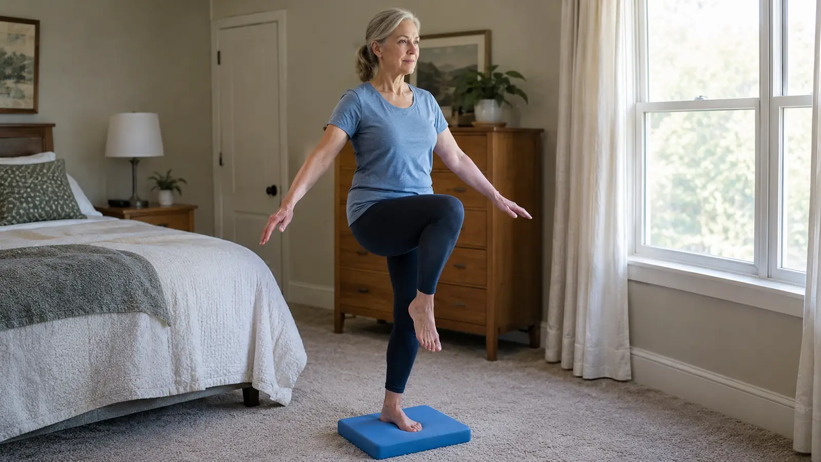 An older woman practicing a one-leg balance exercise on a foam pad in a carpeted bedroom