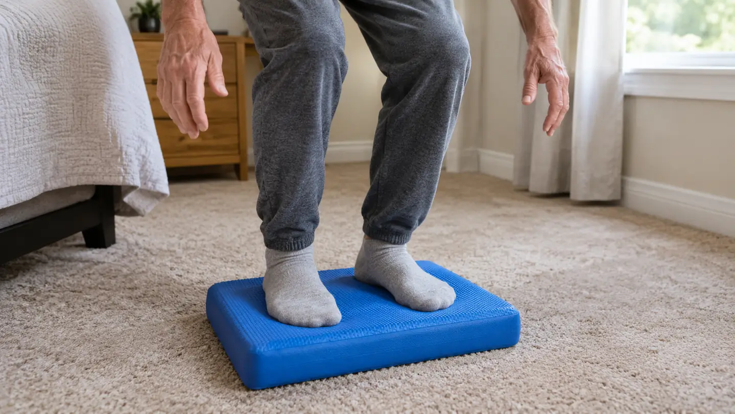 An older man's feet standing on a foam balance pad on a carpeted floor