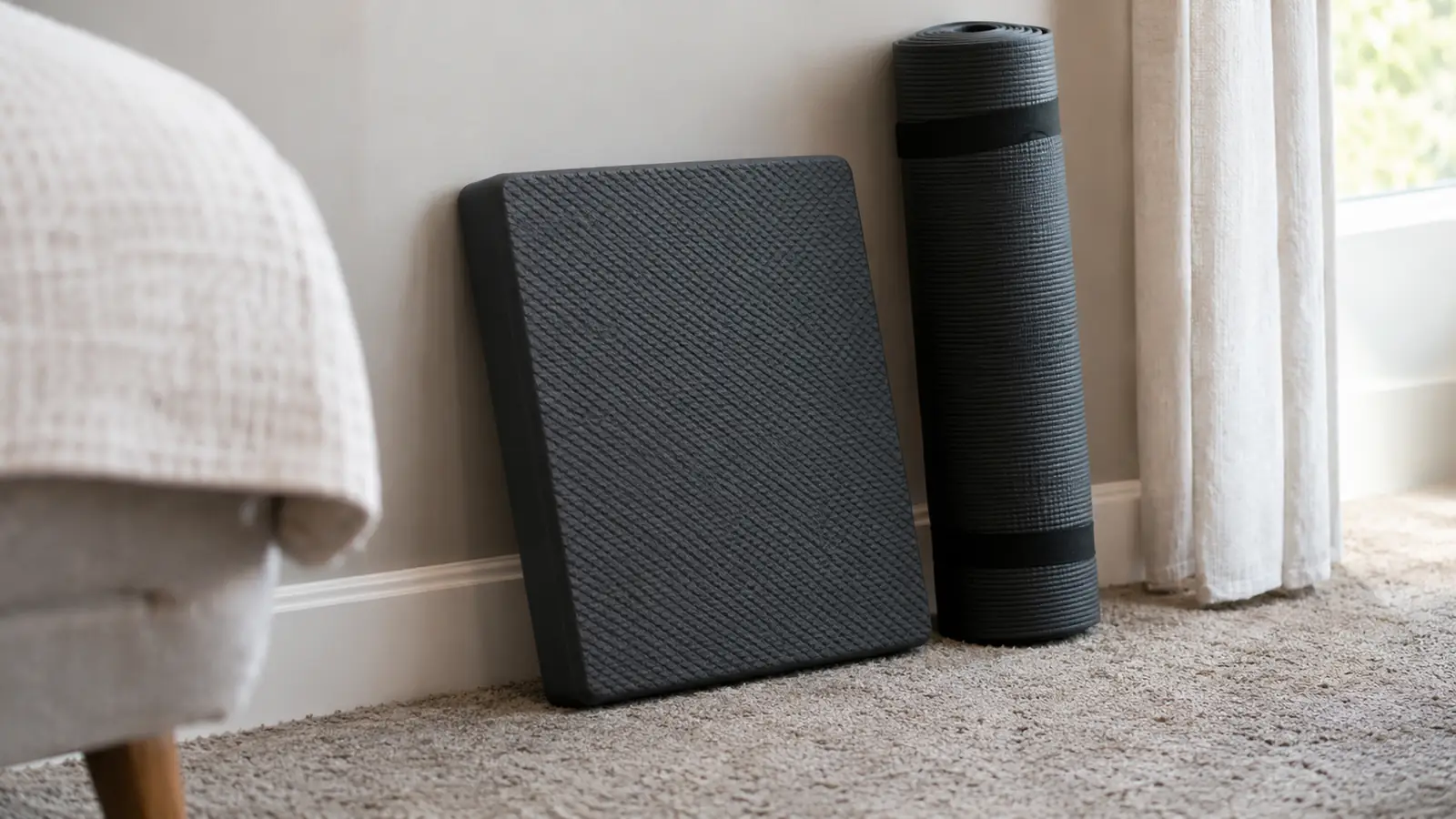 A foam balance pad standing against a bedroom wall beside a rolled rubber exercise mat