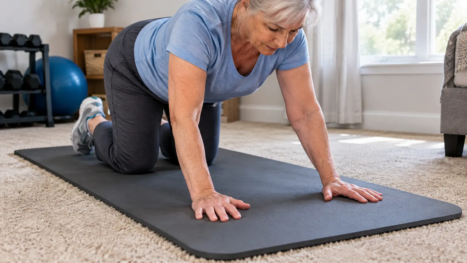 An older person's hands pressing into a thick exercise mat during a floor exercise