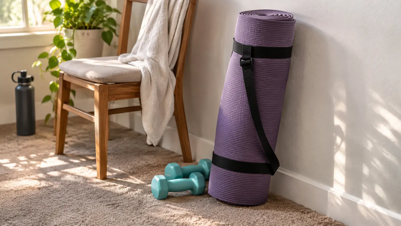 A thick exercise mat rolled up with its carrying strap, leaning against a wall in a home gym