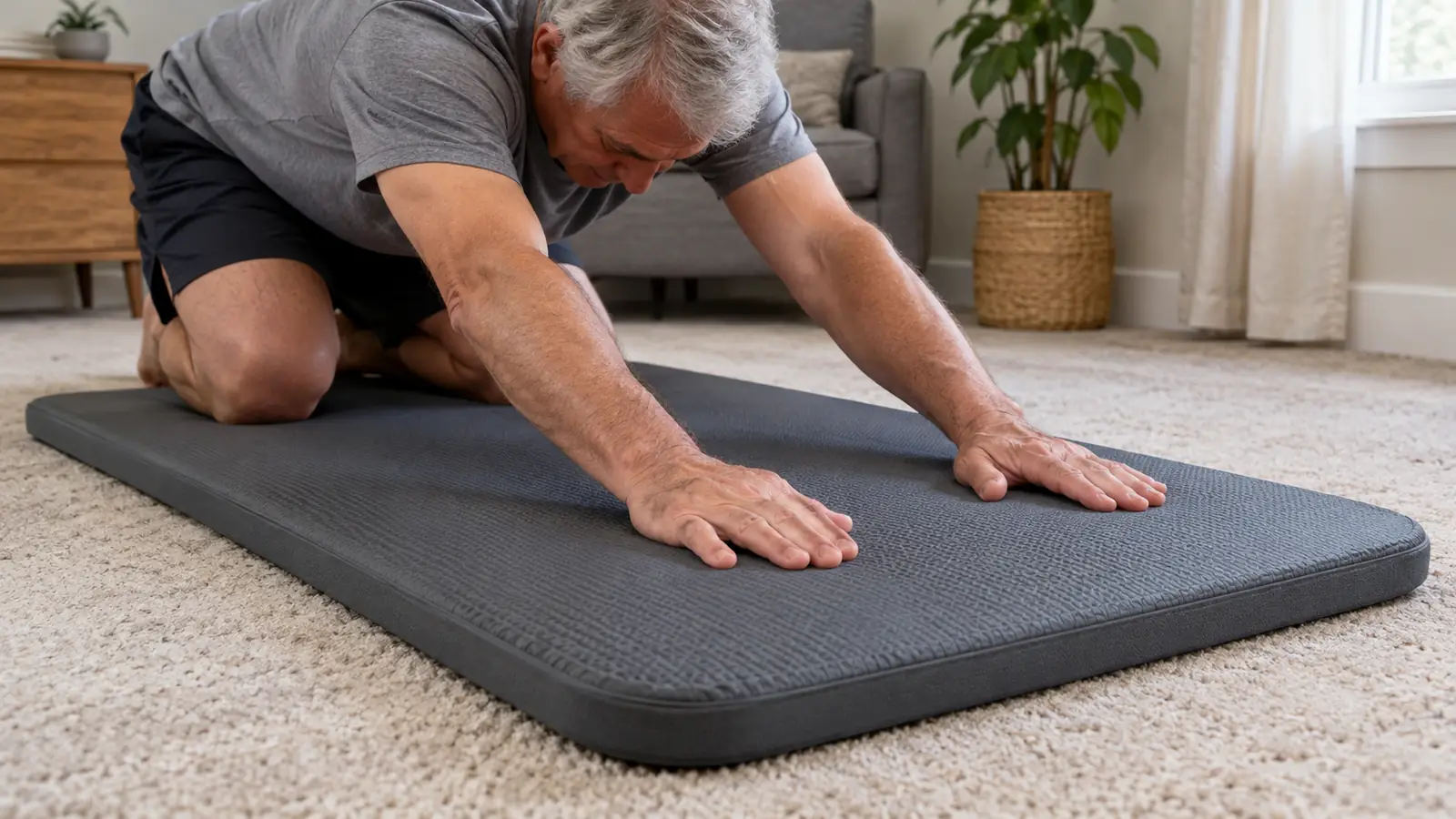 An older man's hands pressing into a thick exercise mat on carpet during a kneeling stretch