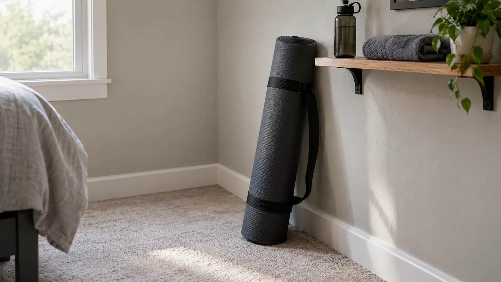 A rolled exercise mat with its carrying strap leaning against a wall in a carpeted spare bedroom