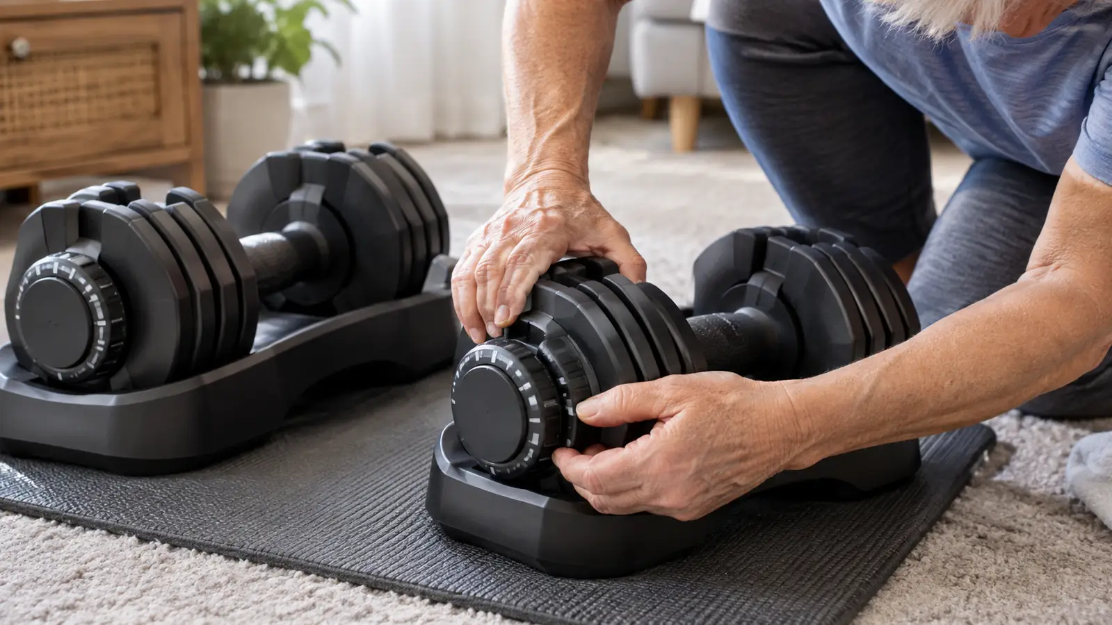 Hands turning the dial on an adjustable dumbbell resting on a rubber mat