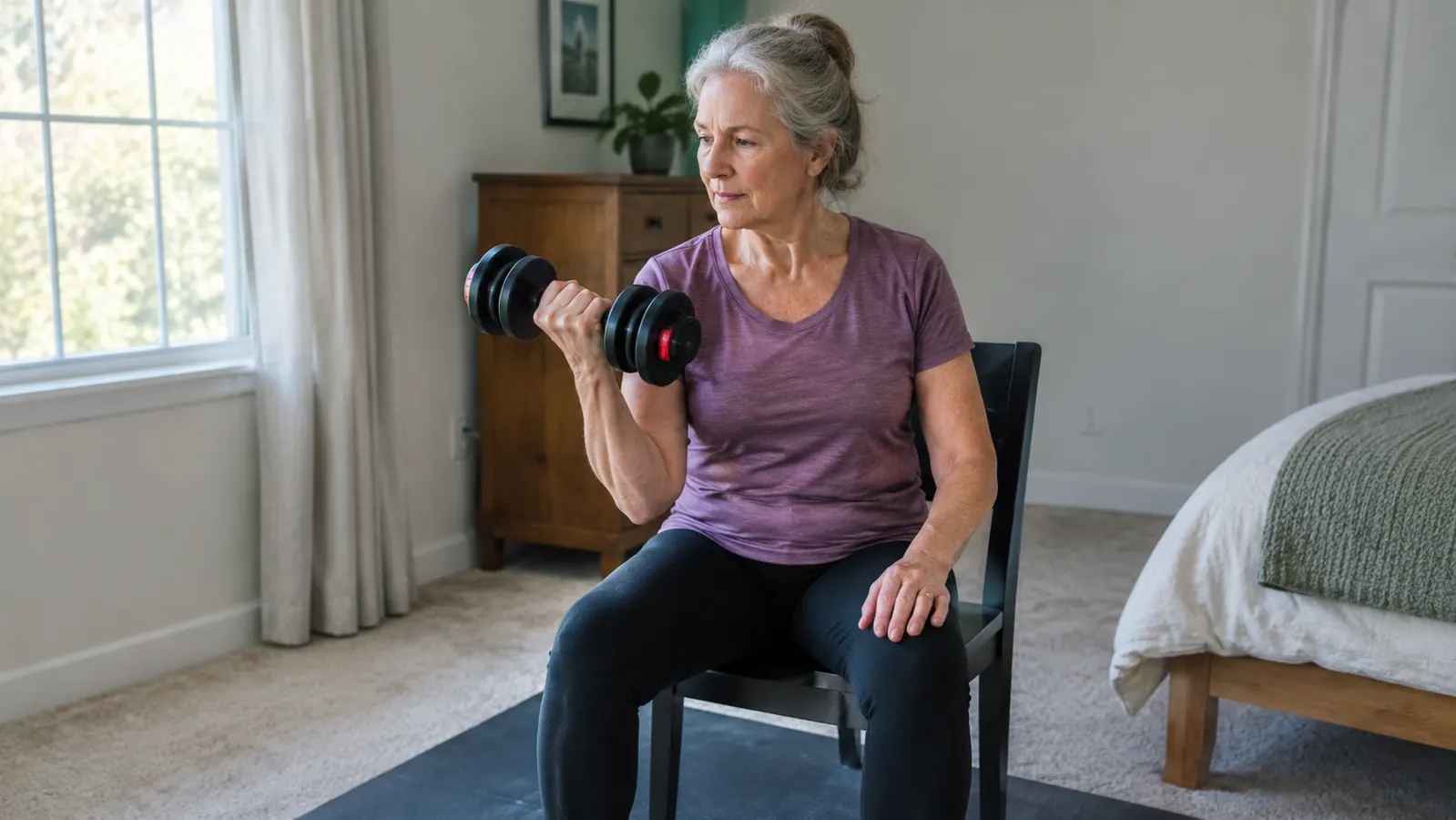 A senior woman doing a seated bicep curl with a dumbbell on a chair in a home gym