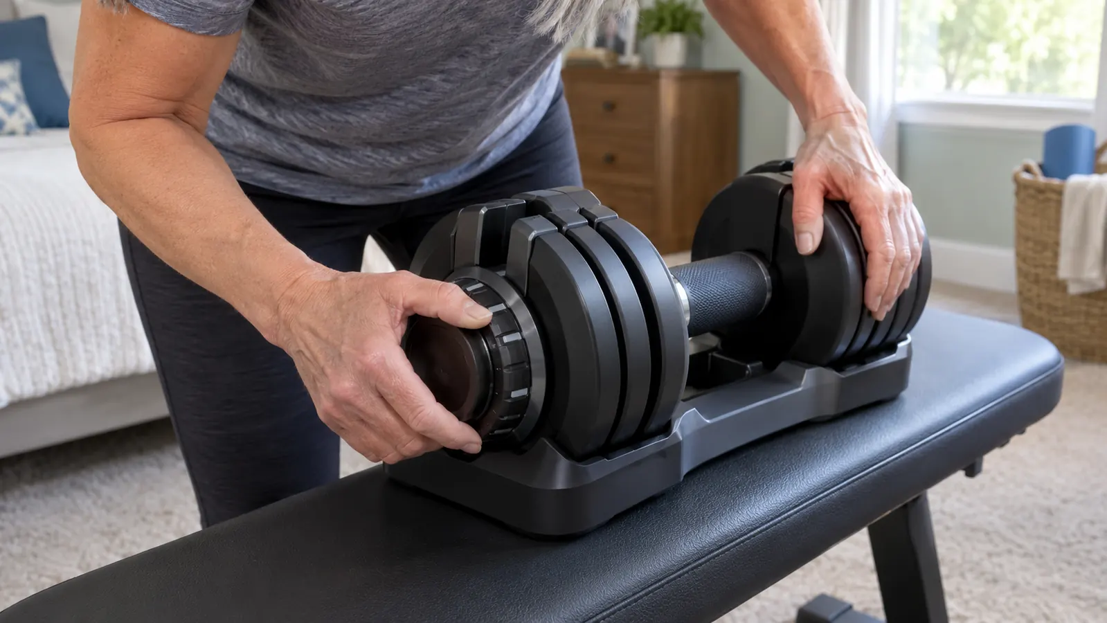 A hand turning a dial on an adjustable dumbbell resting on a padded bench