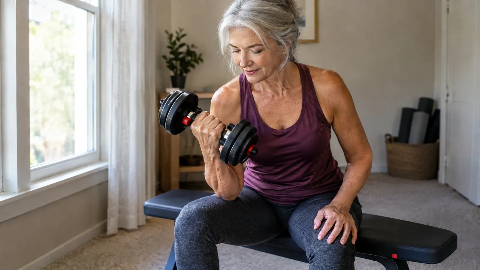 A senior woman doing a seated bicep curl with an adjustable dumbbell on a bench beside a window