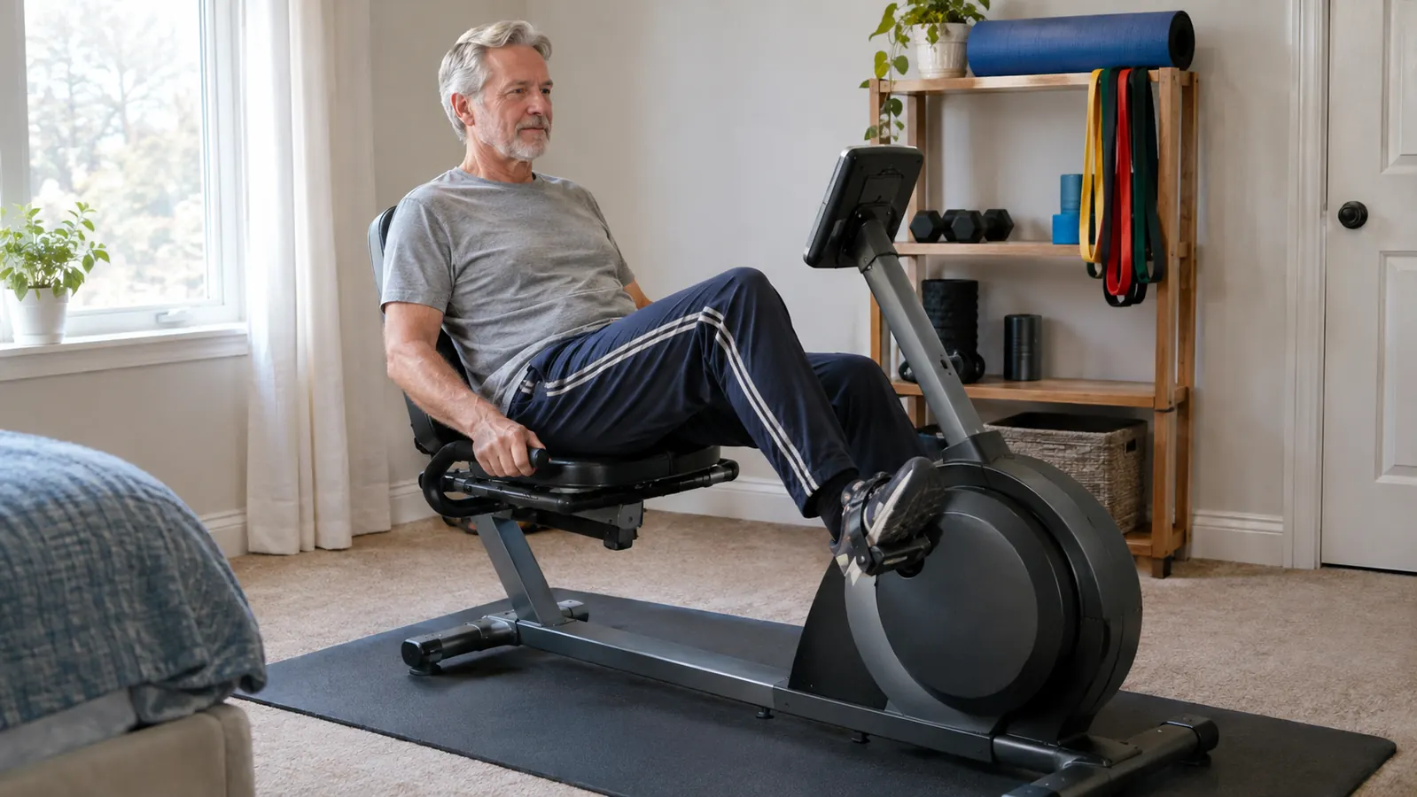 An older man pedaling a recumbent exercise bike in a bright spare bedroom with a rubber floor mat