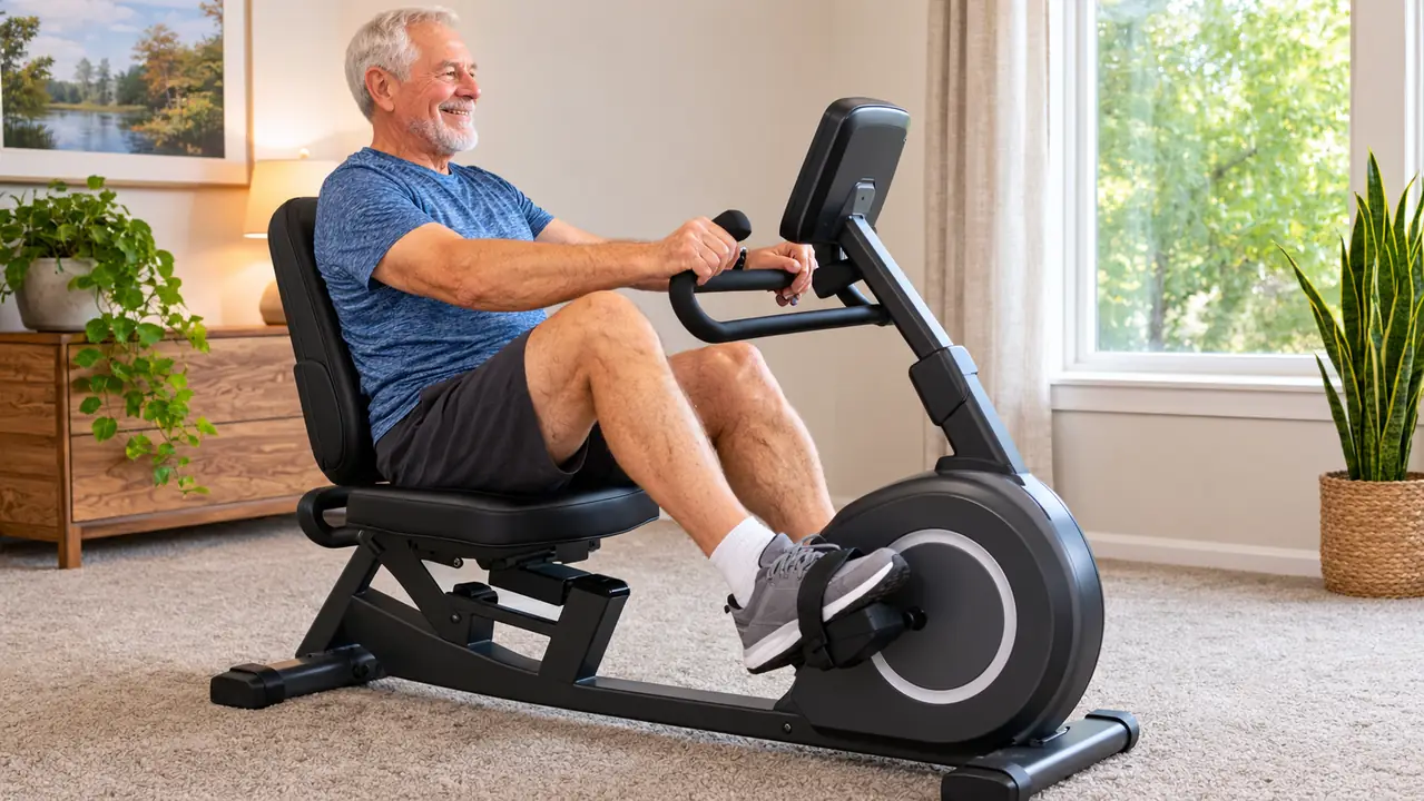 Senior man's hands on the handlebars and feet on the pedals of a recumbent bike