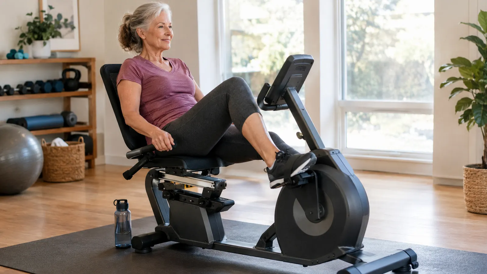 Senior woman pedaling a recumbent exercise bike at home