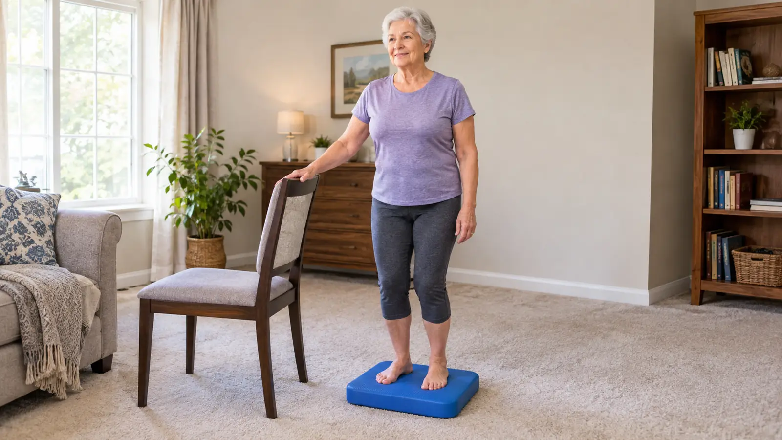 A senior woman standing on the ProsourceFit balance pad with one hand on the back of a chair for support
