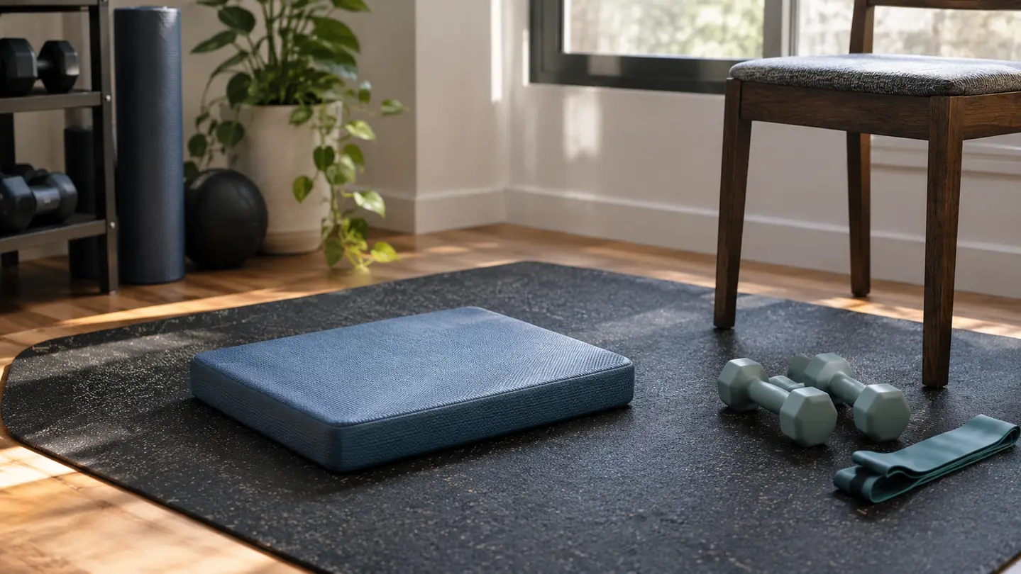A cushioned foam balance pad on a rubber mat in the corner of a home gym, next to a pair of light dumbbells