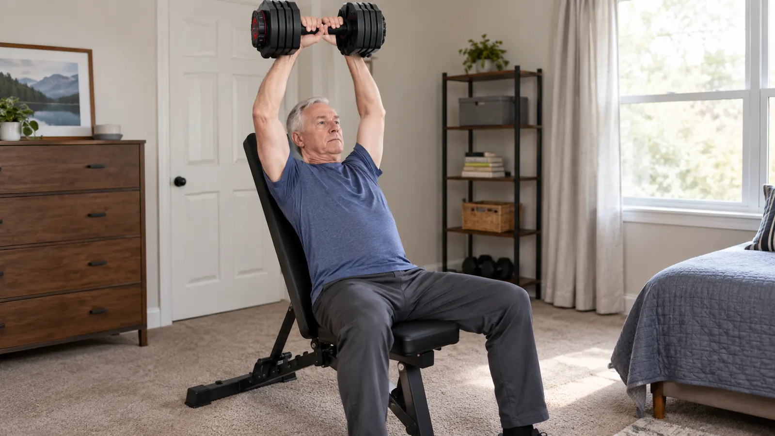 Close view of an older man's hands gripping an adjustable dumbbell during a shoulder press on a folding bench