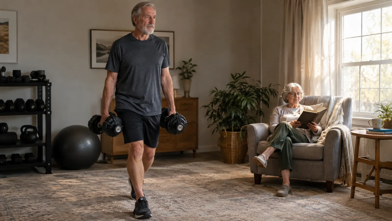 An older man walking across a spare room carrying an adjustable dumbbell in each hand while a senior woman reads in an armchair