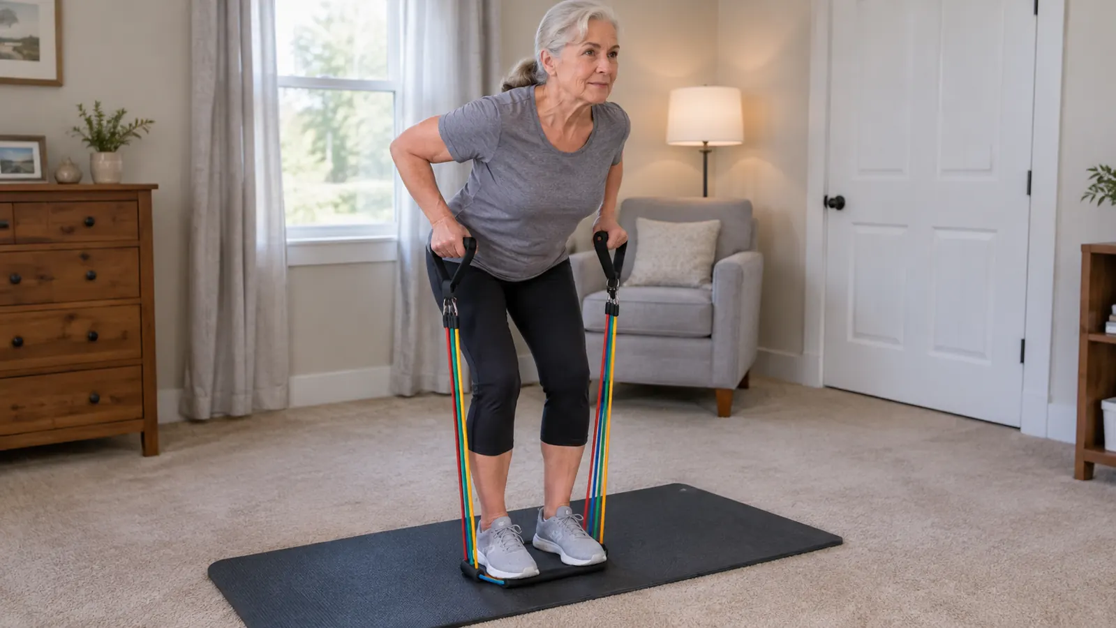 A person standing on the middle of a resistance band, holding the handles at shoulder height