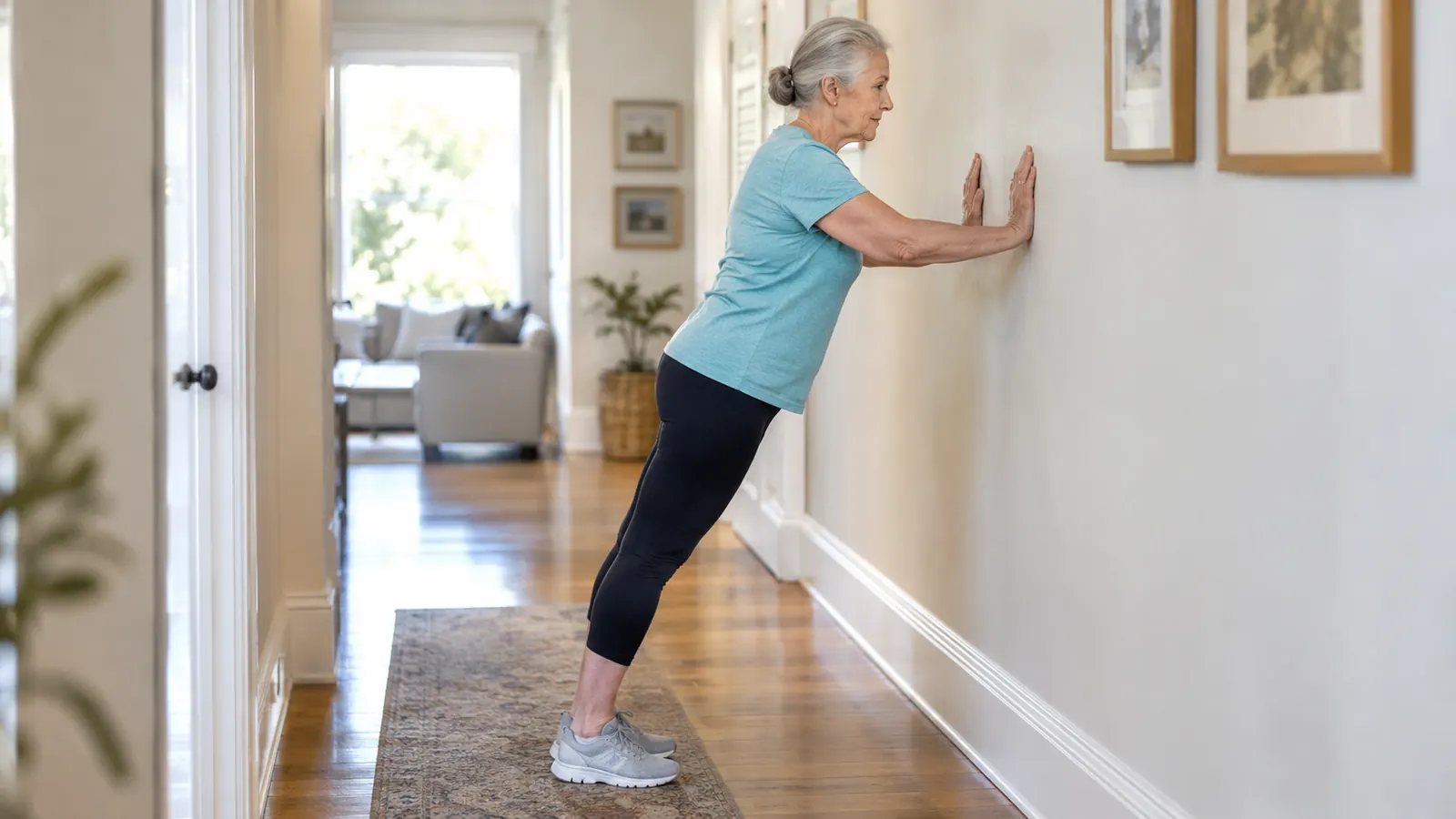 An older woman doing a wall push-up in a bright living room