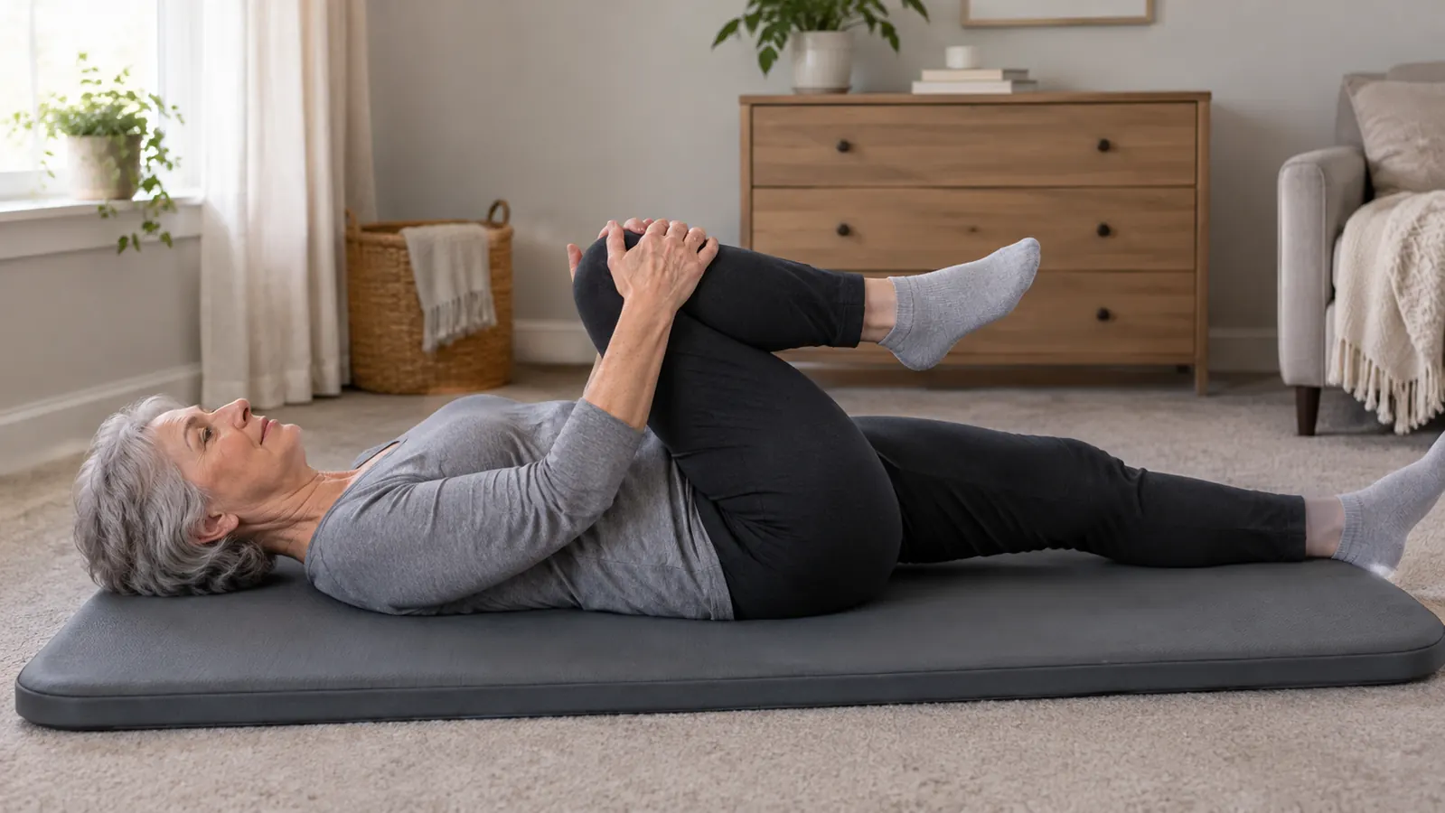 An older person lying on a thick exercise mat doing a gentle knee to chest stretch