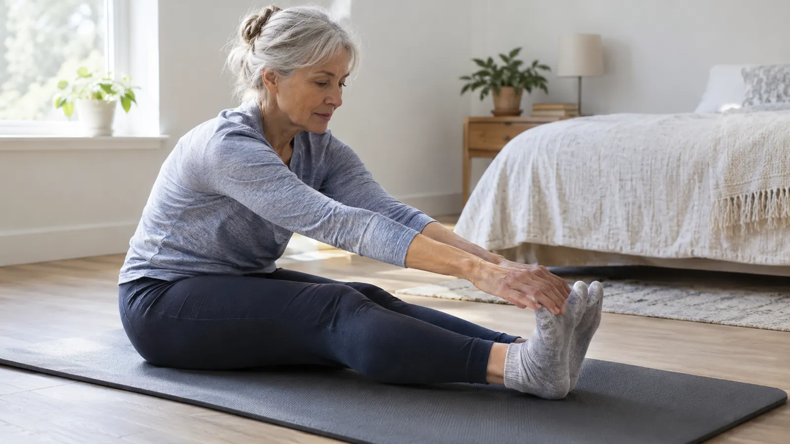A senior woman stretching on a thick exercise mat in a bright spare bedroom, reaching gently toward her feet