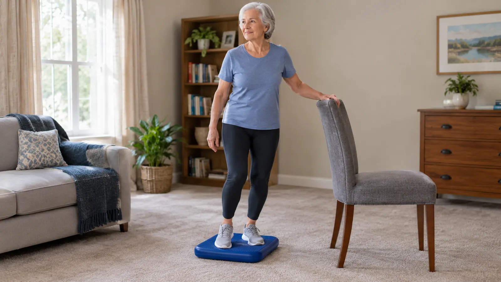 A person standing on the balance pad while a hand lightly grips a chair back beside them