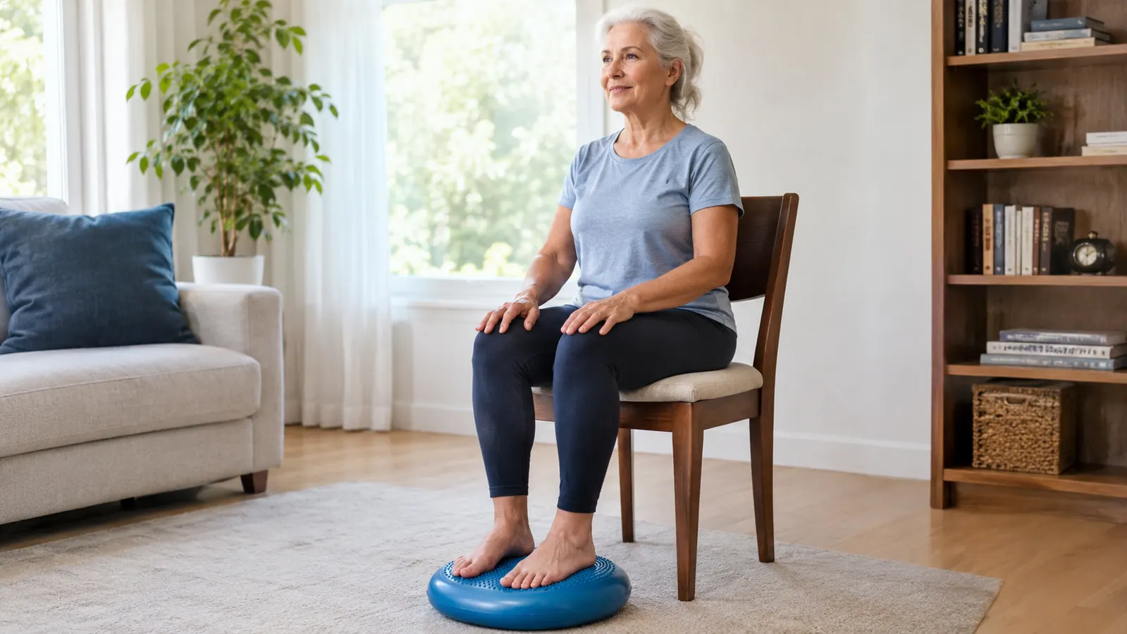An older woman using the balance pad while seated in a chair, practicing seated balance exercises