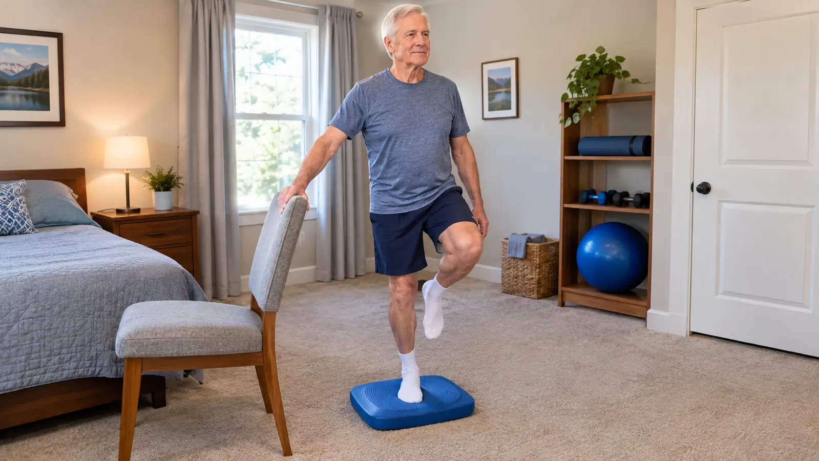 An older man standing on one leg on the balance pad, holding the back of a chair for support