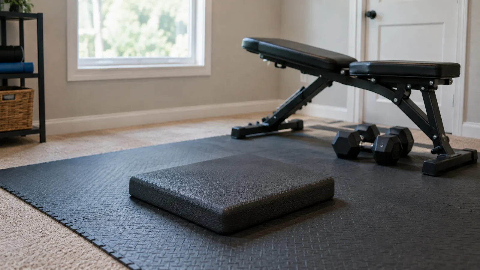 A foam balance pad on a rubber mat in a small home gym, with a folding weight bench and dumbbells in the background