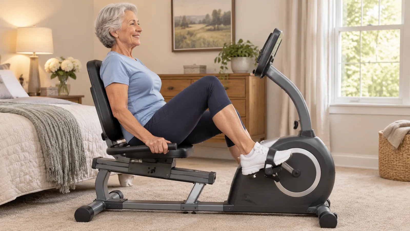 Close view of a wide cushioned seat and backrest on a recumbent exercise bike in a home setting