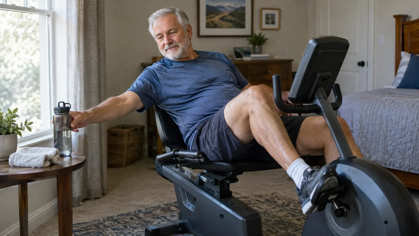 An older man in a spare bedroom reaching for a water bottle on a small table beside a recumbent exercise bike