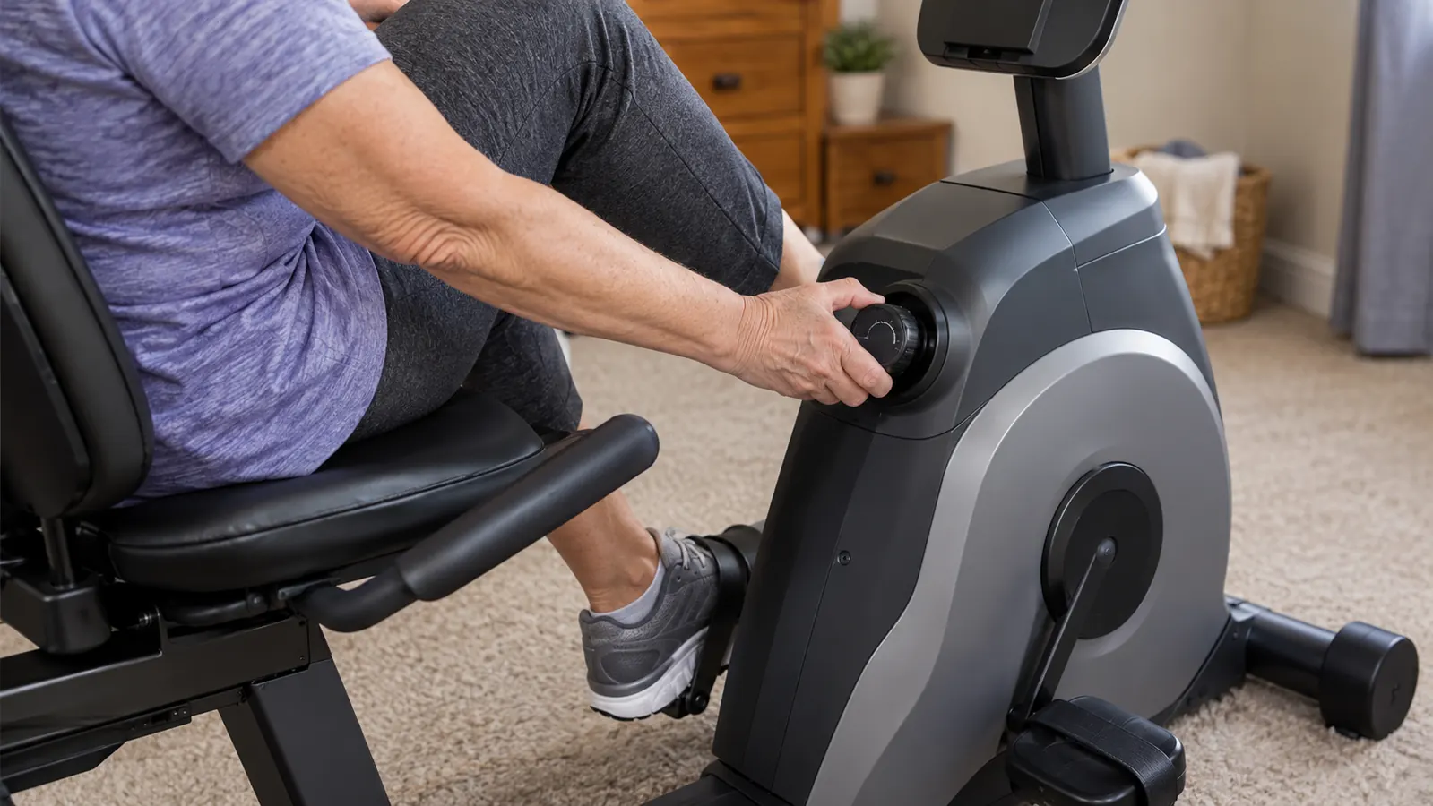 A close view of a person's hand adjusting the resistance dial on a recumbent exercise bike while seated