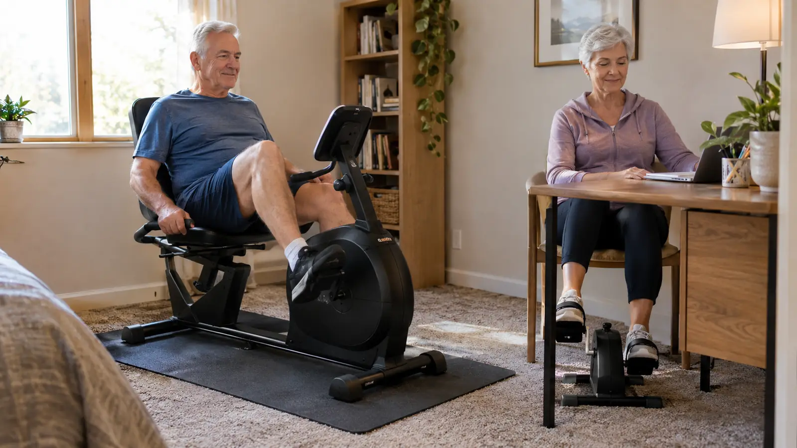 An older man pedaling a recumbent exercise bike while a senior woman at a nearby desk uses a small under-desk pedal exerciser in a carpeted home gym