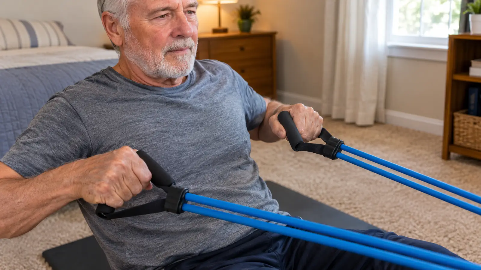Close view of hands gripping the handles of a resistance band during a row.
