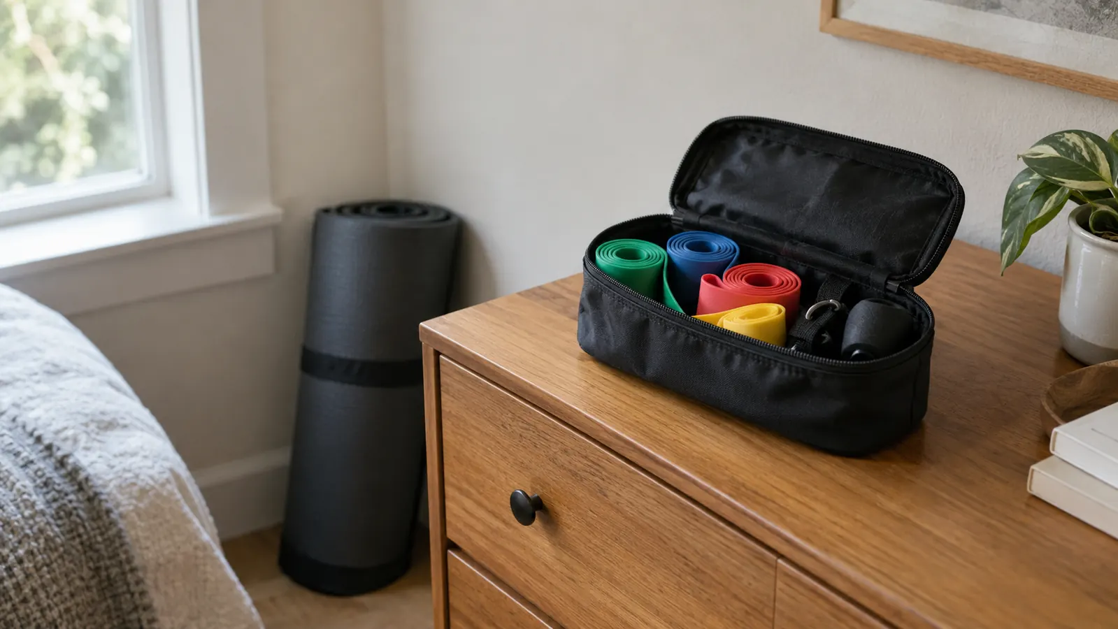 A small carry bag with resistance bands and a door anchor stored on a bedroom dresser.