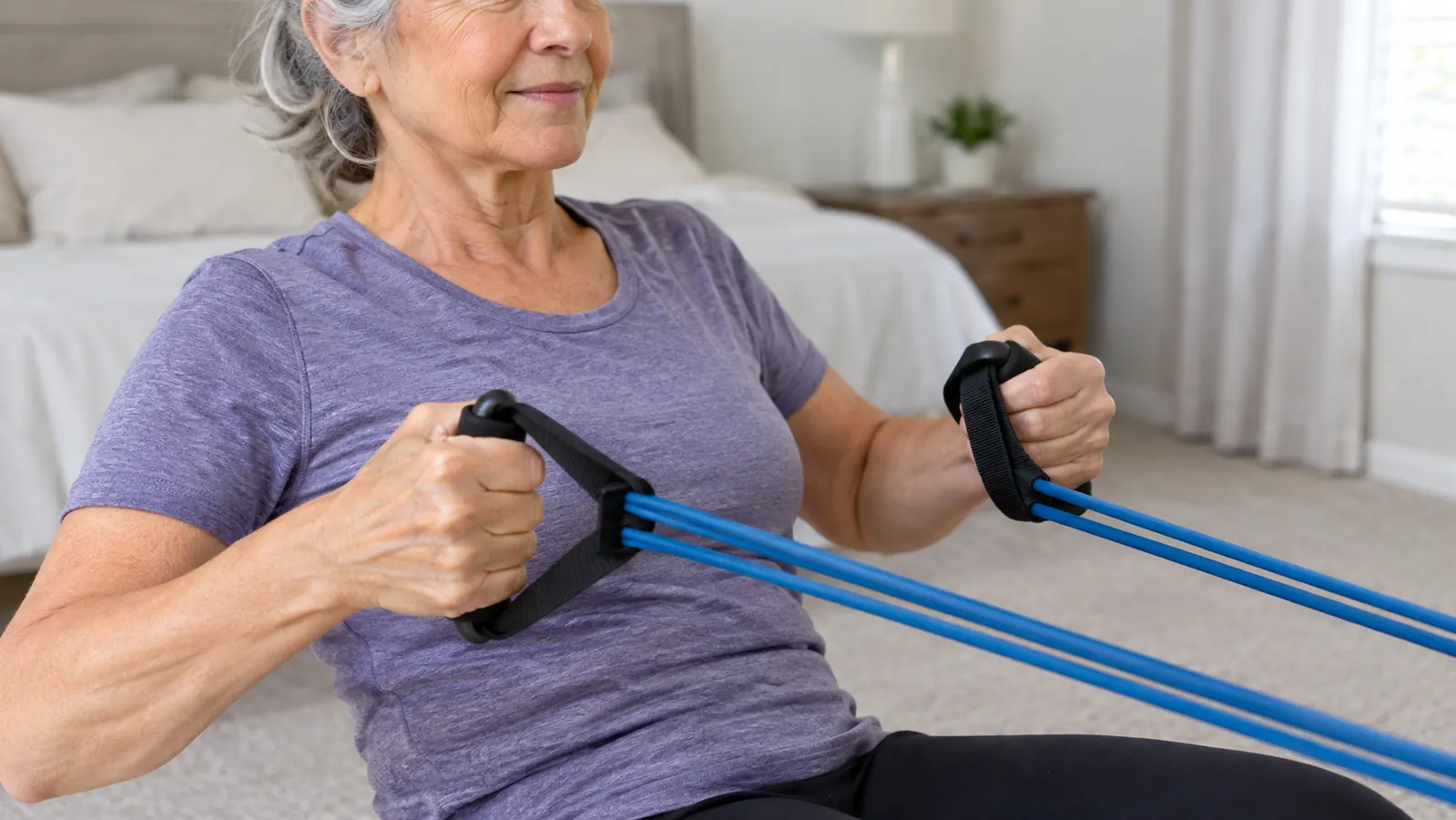 Hands gripping the handles of a resistance band during a row exercise
