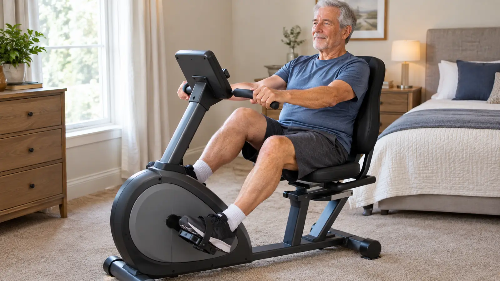 Close view of an older man's hands on the handlebars of a recumbent exercise bike while he pedals, the wide cushioned seat and backrest visible