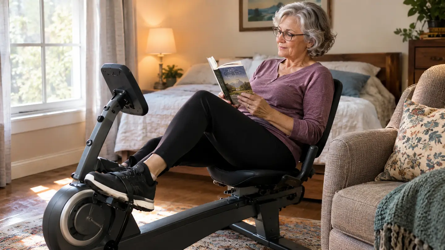 A senior woman pedaling a recumbent exercise bike while holding a paperback book, an armchair beside her in a home bedroom